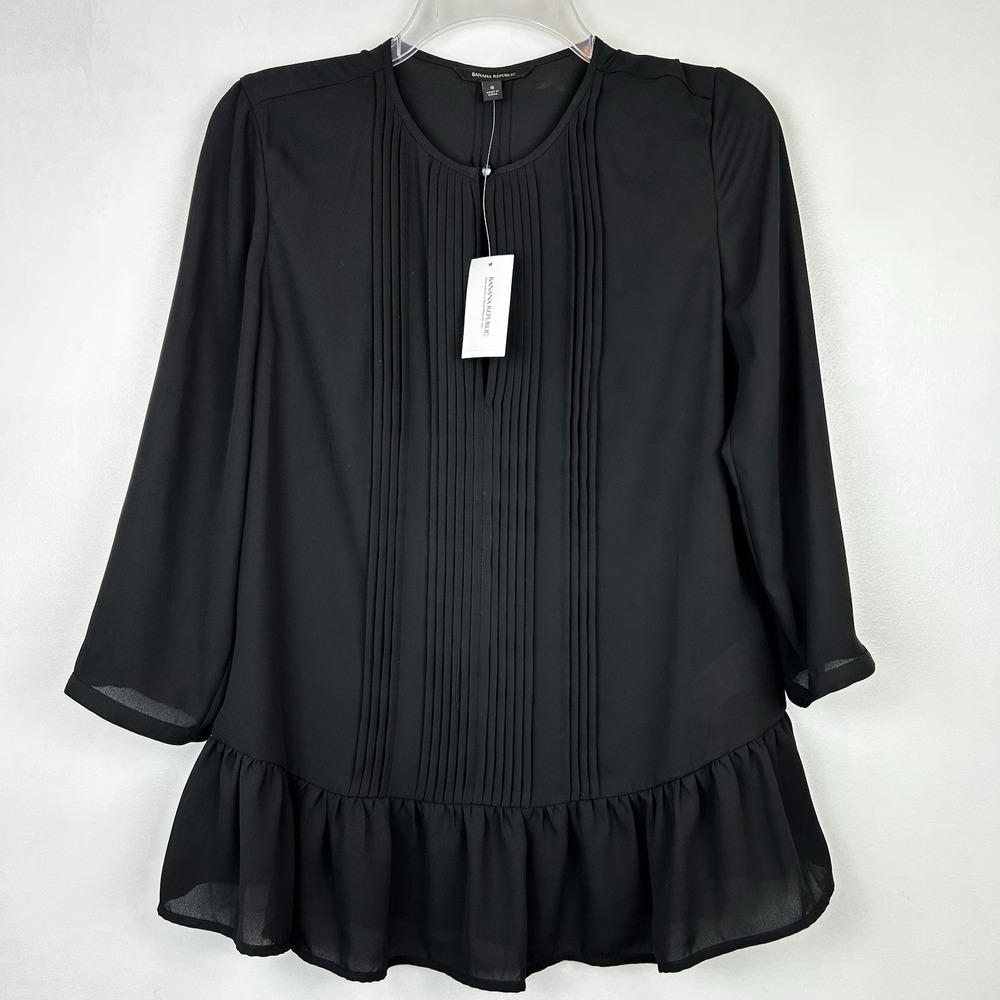Banana Republic Top Womens S Peplum Blouse Long Sleeve Black Solid Career New